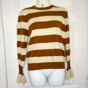 NWT WHO WHAT WEAR Stripe-play ruffle cuff long sleeve top cream and Birch Size S